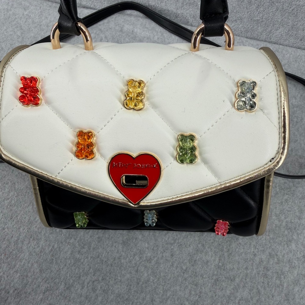 Betsey Johnson Gummy Bear Quilted Satchel Crossbody Bag Black White Rainbow Hear - Picture 9 of 13